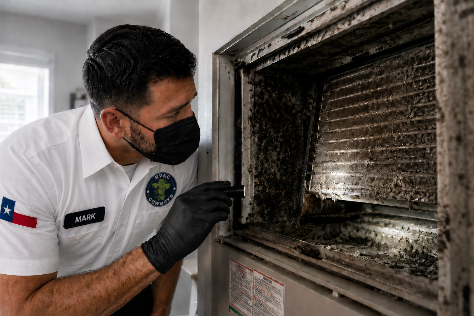 HVAC technician inspecting a dirty air conditioner coil