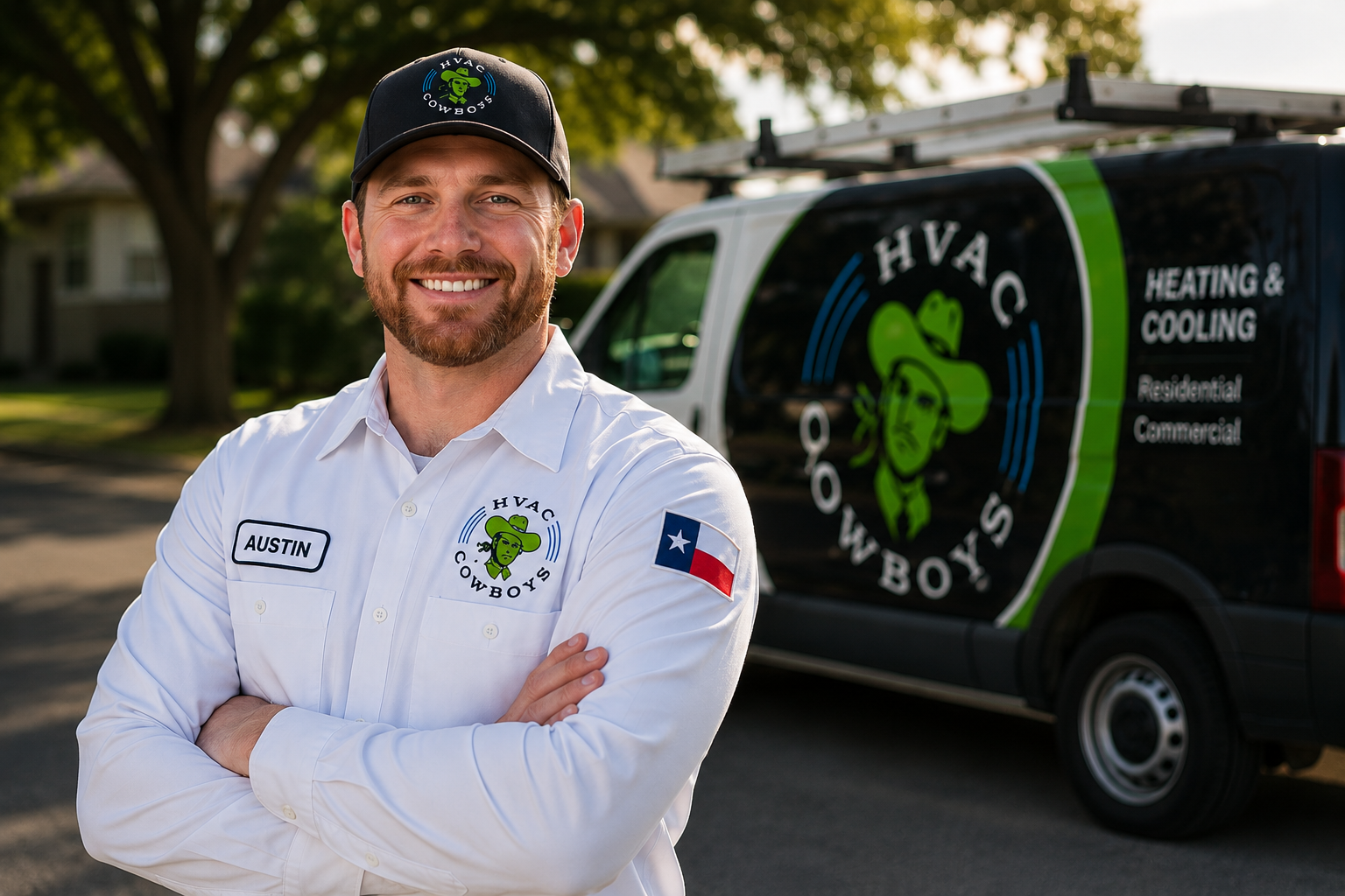 Austin from HVAC Cowboys standing in front of a branded service van in Spicewood, TX