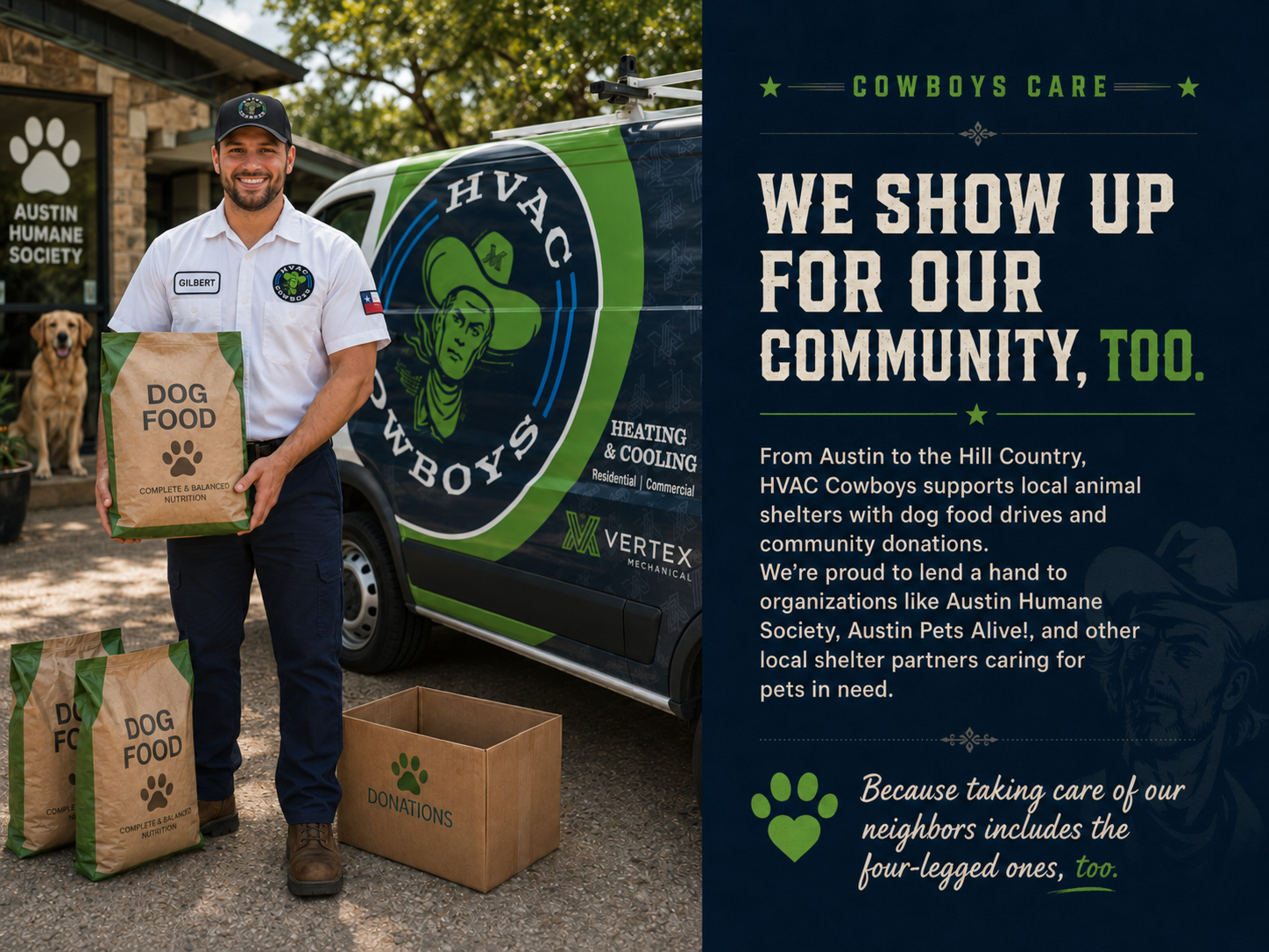 HVAC Cowboys community care — dog food drive at Austin Humane Society